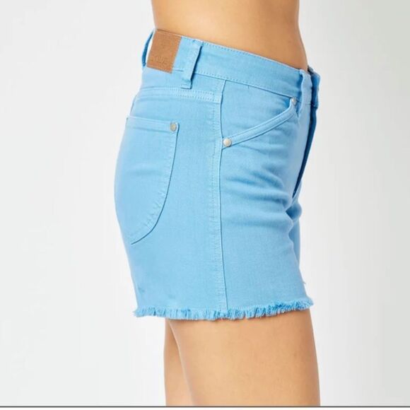 Judy Blue Garment Dyed Sky Blue Fray Denim Shorts Shield Pockets - Picture 10 of 11